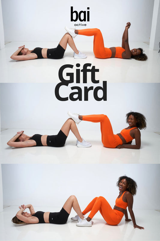 Gift card for bai active athleisure wear with a woman in a sustainable natural fabrics workout attire on a white background